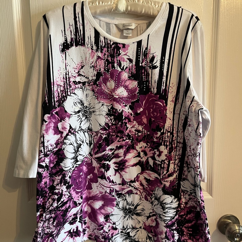 CJ Banks Floral Embellished 3/4 Sleeve Top